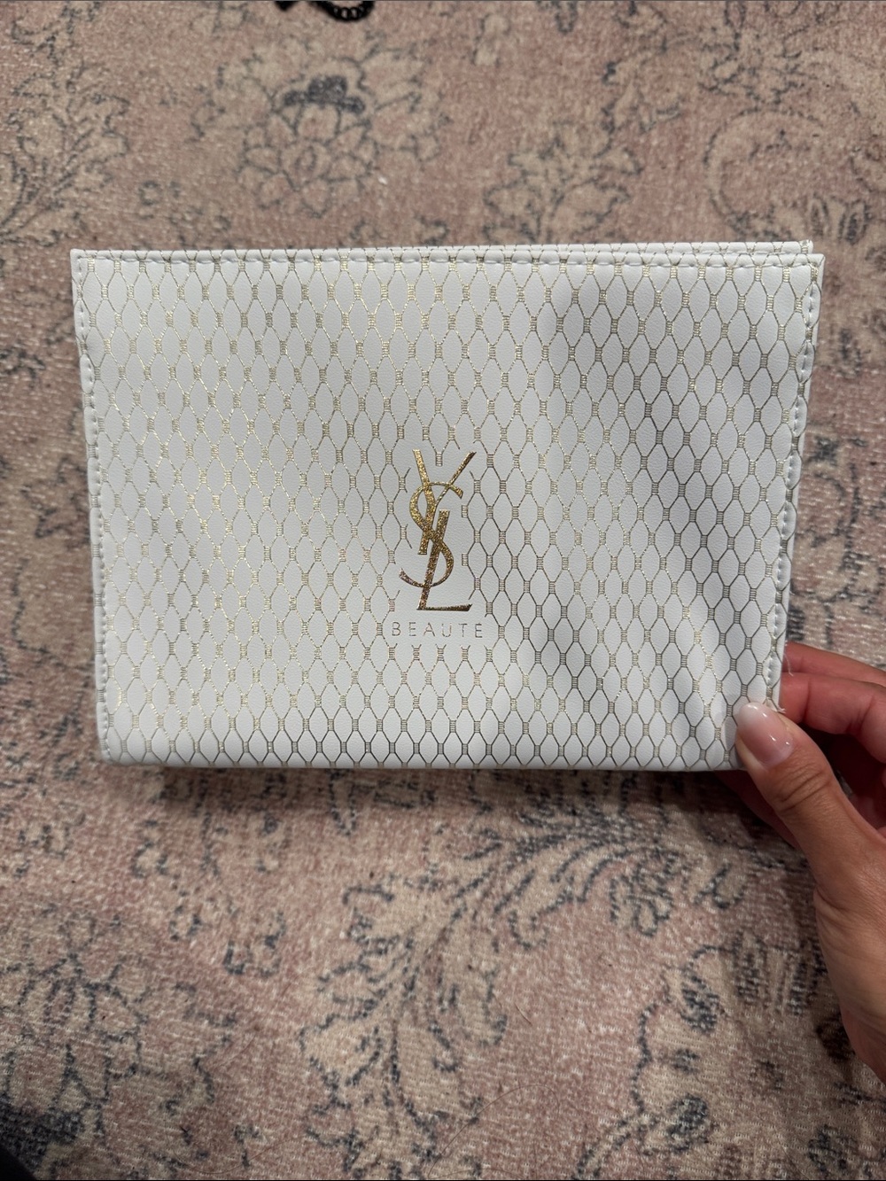 Yves Saint Laurent White Cosmetic Pouch with Gold YSL Logo